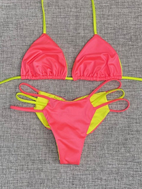 Coral/Neon Yellow 3 Strap Bikini