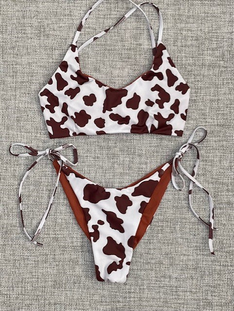 Brown cow print halter bikini