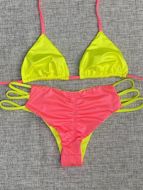 Coral/Neon Yellow 3 String Bikini