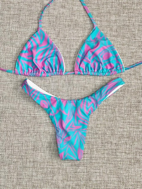 Blue Abstract Thong Bikini