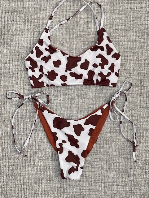 Brown cow print halter bikini*