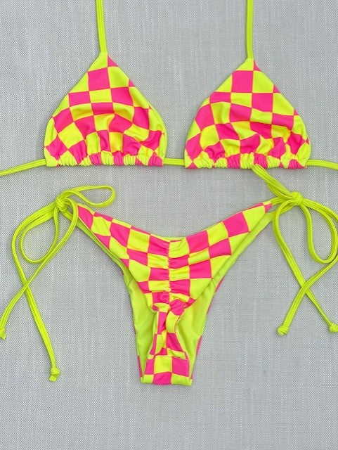 Neon Yellow/Hot Pink Checker Bikini