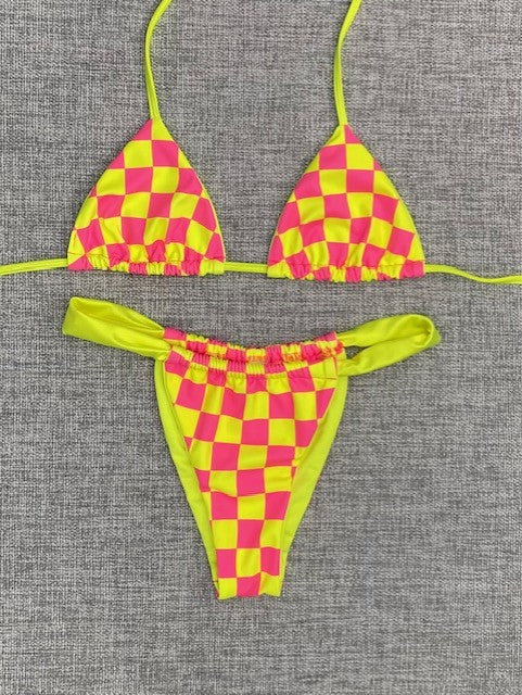 Neon Yellow/Pink Checker Bikini