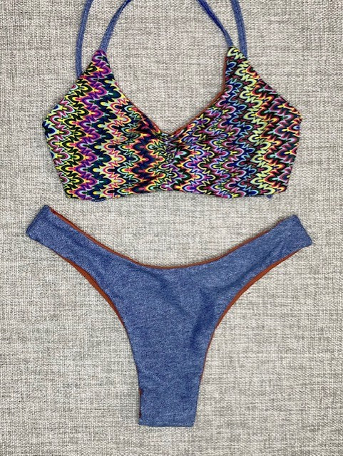 Multi-Color Halter & Denim Lycra Thong